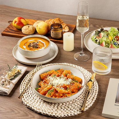 AmorArc Ceramic Dinnerware Sets with Pasta Bowls for 6, Handpainted Plates and Bowls Set with Rustic Terracotta Underside, Scratch Resistant Dishes Set, Dishwasher & Microwave Safe, 24 Pcs