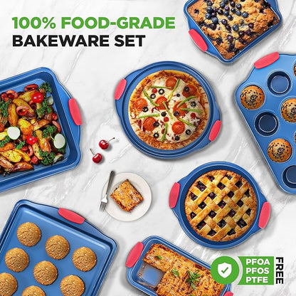 NutriChef 8-Piece Bakeware Set - Nonstick Carbon Steel Baking Pans with Red Silicone Handles, Blue Coating, Durable & Stain-Resistant, Perfect for Baking Cakes, Muffins, Cookies (Blue)