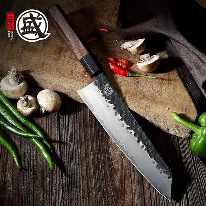 MITSUMOTO SAKARI Kiritsuke Chef Knife 9 inch - Hand Forged Japanese Kitchen Knives, 3-Layer 9CR18MOV High Carbon Steel, Rosewood Handle & Sandalwood Box