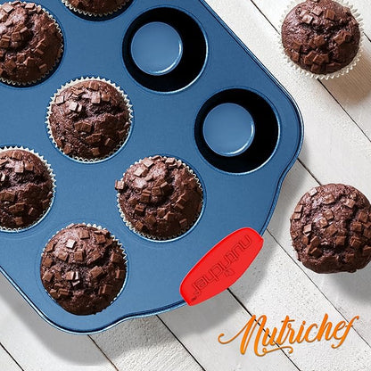 NutriChef 10-Piece Nonstick Bakeware Set - Premium Carbon Steel Baking Pans w/Silicone Handles - Includes Pizza Tray with Holes, 12 & 24 Cup Muffin Pans, Cookie Sheets, Round, Square & Loaf Pan - Blue