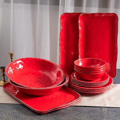Christmas Large Melamine Serving Tray with Handle, Crackled Rustic Rectangle Melamine Serving Platter for Serving Food, Coffee Table Tray, Entertaining & Party Use, Set of 2, Christmas Red