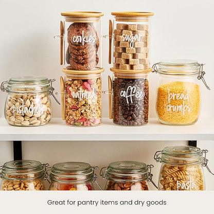 Talented Kitchen Glass Food Storage Containers with Lids - 4-Pack 17 oz Glass - Stackable Kitchen Jars for Pantry, Spice Jars & Coffee Containers for Countertop - Attached Spoons & 157 Labels