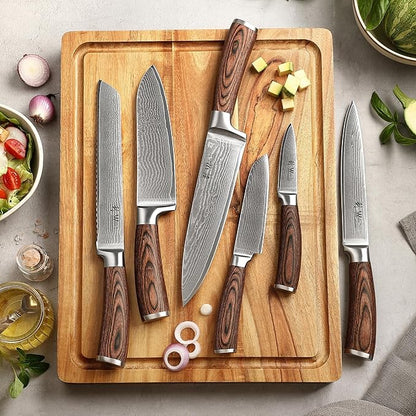Wakoli EDIB 6-Piece Damascus Knife Block Set – Professional Japanese Style Kitchen Knives with Magnetic Acacia Block | Genuine Damascus Steel Blades with VG10 Core | Ergonomic Pakkawood Handles