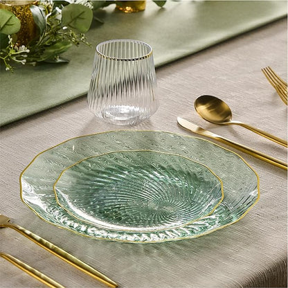 PLASTICPRO 60 Pack Plastic Plates Set of 30-10 inch Plates and 30-7 inch Plate, Elegant Clear Green Spiral and Gold Rim Disposable Fancy Plate Premium Heavyweight