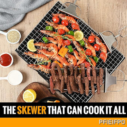 3PCS Grilling Savant 3 Way Skewers,14 Inch Metal Skewers for Grilling,Easy to Use Push Bar Slider, BBQ Accessory, Perfect for Meat,Veggies,Fruits,Marshmallow Roasting Sticks Grill Kabob Skewer.