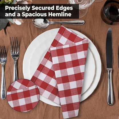 Urban Villa Cloth Dinner Napkins Set of 12 100% Cotton Red White Checks Highly Absorbent Washable Reusable Durable Ideal for Home Farmhouse Party Wedding Everyday Use