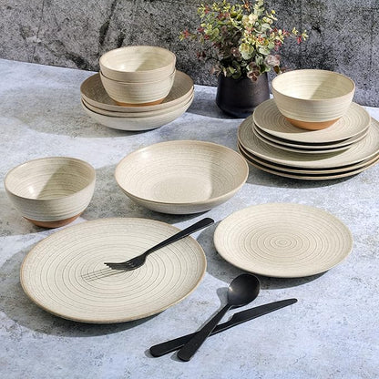 Gibson Elite 16 Piece Dreamweaver Double Bowl Terracotta Reactive Dinnerware Set - Sand Cream, Service for 4 (16pcs)