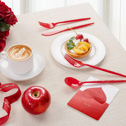 LIYH 150 Pcs Red Plastic Cutlery Sets - Red Plastic Silverware Heavyduty, Disposable Utensil Sets, 50 of Each Forks, Knives & Spoons Flatware Set for Party Birthday