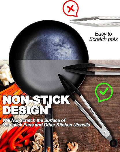 Anaeat Non-Stick Silicone Locking Tong Set of 3 - Stainless Steel 7", 9", 12" Kitchen Food Tongs with Non-Slip Silicone Tips and Grip for Cooking, Baking and BBQ - Heat Resistant up to 480°F (Black)