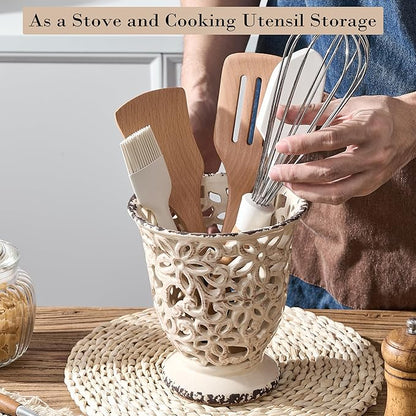 Utensil Holder for Kitchen Counter, Modern Farmhouse Cooking Utensil Holder and Crock Home Kitchen Decor, Ceramic Utensil Organizer for Spatula, Ladle, Eggbeater, Rolling Pin- Beige Antique Design