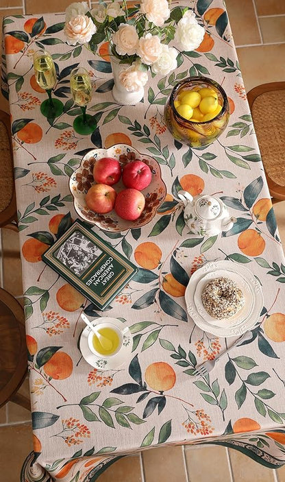 patdrea Designer Vintage Linen Rectangle Extra Long Table Cloth,Framhouse Oranges and Leaves Pattern French Tablecloth,Decor Cover for Kitchen Dining Christmas,Thanksgiving,63"x110"-Palladin a