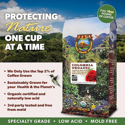 Low Acid Organic Coffee – Whole Bean, Mold-Free & Stomach Friendly by Java Planet, Colombian Single Origin Coffee, Medium Dark Roast, Smooth Full Flavored, 1LB Bag