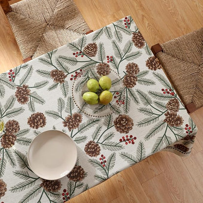 ISAENNE Designer Christmas Beige Linen Table Cloth for Rectangle Table,Pinecones Pattern Indoor Tablecloths,Washable Decor Tablecloth for Dining Thanksgiving Kitchen Christmas,55"*79"-Carol B