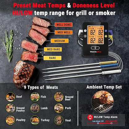 ThermoPro TP25 650FT Bluetooth Meat Thermometer with 4-Probes, Smart Rechargeable Wireless Meat Thermometer for Grilling, Smoker, Oven, Kitchen, BBQ Thermometer with Alarm, Temperature Graph, Black