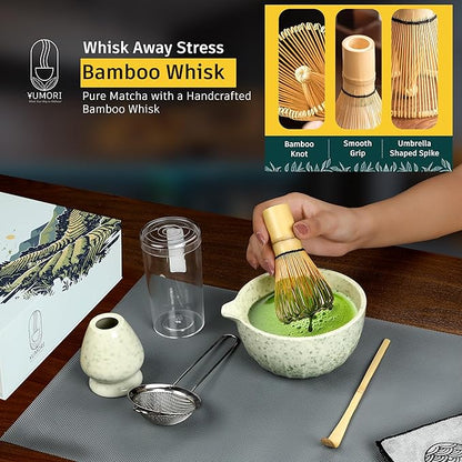6 Pcs Matcha Whisk Set | Matcha kit with Mottled Green Bowl, Bamboo Whisk, Scoop, Sifter, Holder for whisk & Cleaning Cloth, Traditional Matcha Set in Magnetic Gift Box