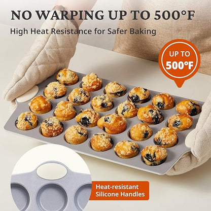 BRONYPRO Ceramic Muffin Pan, 12-Cup and 24-Cup Nonstick Aluminized Steel Mini Cupcake Pans, Healthy Non-Toxic Ceramic Coating Muffin Tin, 2 Pack Cup Cake Pans for Baking Cream
