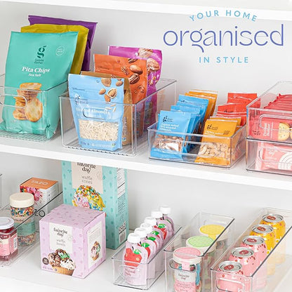 Plastic Food Storage 4 Pack Clear Container Bin with Handles for Organizing Kitchen, Pantry, Refrigerator, Freezer, Pantry, Cabinet, Closet, Bathroom. Stackable 10”x8”x3”
