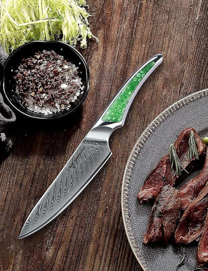 5 inch Utility Knife, Japanese VG-10 Damascus Steel Kitchen Knife, Ultra Sharp Fruit Knife with Full-tang Handle in Green Resin, LA-S9 Series