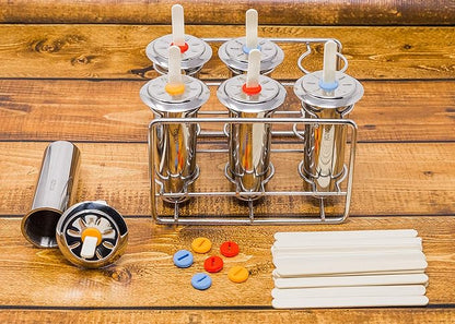 Ecozoi Stainless Steel Popsicle Molds, 6 Metal Ice Popsicle Makers, 30 Reusable Bamboo Sticks, 12 Silicone Seals and 1 Rack, Eco Popsicle Molds for Kids and Adults, 3 oz Per Mold (Round)