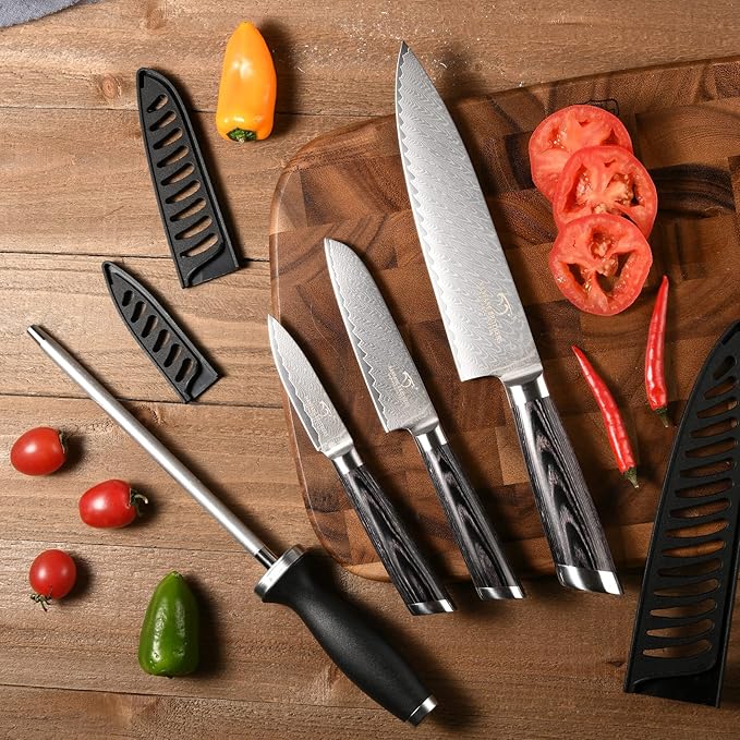 NANFANG BROTHERS Damascus Knife Set 4 PCS, Japanese Knife Set, VG10 Steel Core Chefs knives Sets, Professional Ultra Sharp Kitchen Knives, Equipped with Ergonomic Handles