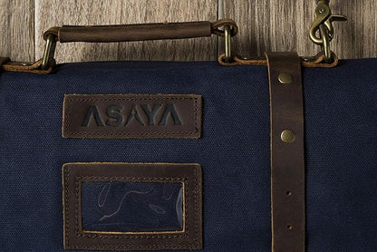 Asaya Waxed Canvas Knife Roll - 15 Knife Slots, Card Holder and Large Zippered Pocket - Genuine Leather, Cloth and Brass Buckles - for Chefs and Culinary Students - Knives Not Included