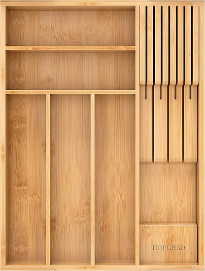 Small-Bamboo-Silverware-Drawer-Organizer, Expandable Utensil Kitchen Cutlery Tray Flatware Organization Adjustable Wood Tableware Dividers Storage (with Removable Knife Block)(Natural)
