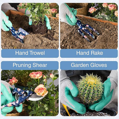 WORKPRO 5PCS Garden Tool Set, Aluminum Heavy Duty Gardening Tool Set with Garden Tool Bag, Outdoor Garden Hand Tools, Blue Insect and Flower