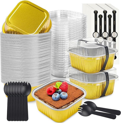 50 Pack Mini Cake Pans with Lids and Spoons Aluminum Foil Pans Square Cake Tins for Bakery Party Wedding (Gold,5 oz)
