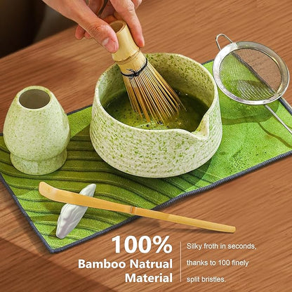 BEWOS 8 Pcs Matcha Whisk Set - 18OZ Ceramic Bowl with Spout, Matcha Sifter, Matcha Whisk Holder & Bamboo Matcha Whisk | Matcha Scoop, Complete Japanese Tea Ceremony Kit for Matcha Lover(Mottled Green)