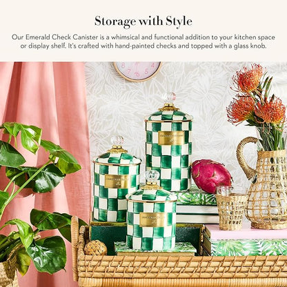 MACKENZIE-CHILDS Medium Enamel Canister, Kitchen Storage Container with Lid, Green-and-White Emerald Check