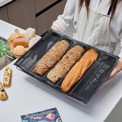 SIFLEMOD Silicone Baguette Mold - Non-stick Fench Bread Flexi Mesh Pan, Perforated Sandwich Baking Liners, Silicone Bread Baking Forms (5 Loaf, Black)