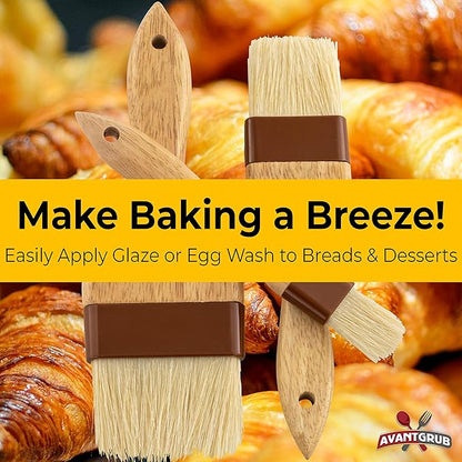 Durable, Hardwood 1, 2, 3in Boar Bristle Pastry Brush Set. Grill and Kitchen Flat Brushes for Basting Meat, Spreading Butter, BBQ Sauce or Marinades. Chef Quality Cooking, Baking or Grilling Tools