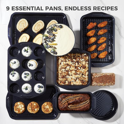 HONGBAKE 9-Piece Baking Pans Set with Wave Texture, 0.8mm Thick Bakeware Sets Non Stick, Includes Stackable Cookie Sheets for Oven Cooking, Cake Pan, Muffin Pan, Loaf Pan, Roasting Pan, Rack, Blue