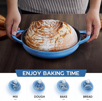 E-far Dutch Oven for Sourdough Bread Baking, 6 Qt Round Enameled Cast Iron Dutch Oven for Homemade Artisan Bread, Dome Lid & Shallow Base, Matte Black Interior & Durable, Oven-Safe to 500℉, Blue