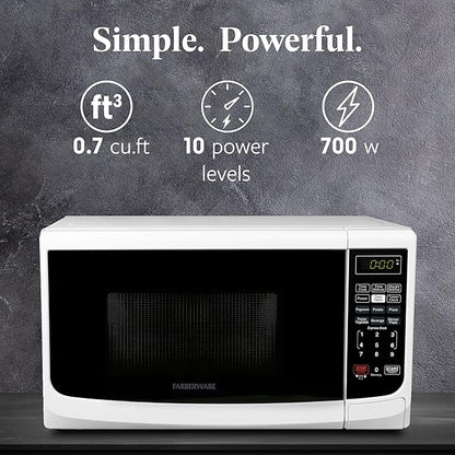 Farberware Countertop Microwave Oven 700 Watts Power Auto Cook Settings, Defrost, Easy Clean and Child Safety Lock, 0.7 Cu. Ft, White