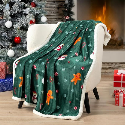 PAVILIA Premium Christmas Sherpa Throw Blanket | Christmas Decoration Gift, Fleece, Plush, Warm, Cozy Reversible Microfiber Holiday Blanket | Green Gingerbread - 60x80 Twin