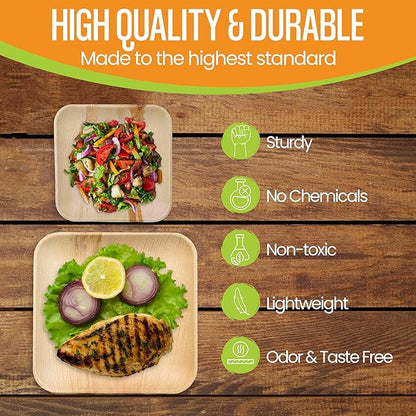 Raj Palm Leaf Plates Disposable Bamboo Plates 10 Inch & 7 Inch Square Party Pack (100 Pc) Compostable and Biodegradable - Better than Plastic & Paper Plate for Lunch, Birthday, Camping
