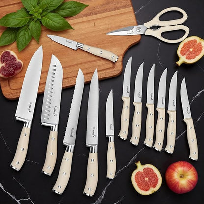 Kuisine Kitchen Chef Knife Set Upgraded,High Carbon Stainless Steel Ultra Sharp Blade Ergonomic Handle,Knife Block Set with Built-in Sharpener,Elegant Gift for Holiday(Acacia Ivory,15PCS)