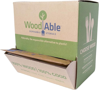 Disposable Wooden Cutlery Set - 100% Home Compostable - Wooden Utensils, Eco-Friendly, Organic, Sustainable and Carbon Neutral Certified - Fork, Knife, Spoon & Napkin - 150