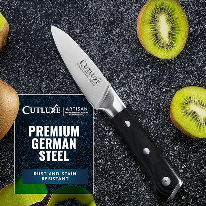 Cutluxe Paring Knife, 3.5" Small Kitchen Peeling Knife with Razor Sharp Blade – High Carbon German Steel, Full Tang, Ergonomic Handle Design – Artisan Series