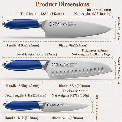 knife set, 3 Piece kitchen knife set - Razor Sharp Professional Japanese Chef Knife set, Forged from High Carbon German Steel,Full Tang Prussia Blue Handle,cooking gifts cooks