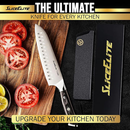 SliceElite Slice Series Santoku Knife 7 Inch High Carbon German Steel Blade Pakkawood Handle Dual Sheaths Kitchen Knife for Meat Cutting Chopping Chefs Cooking Tool Sharp Vegetable BBQ Knife Gift