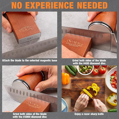 Rolling Knife Sharpener Kit for Kitchen – Chef Knife Sharpening Tool with 15° & 20° Magnetic Angle, Wooden Roller Base, Diamond Discs – Easy Manual Sharpener System