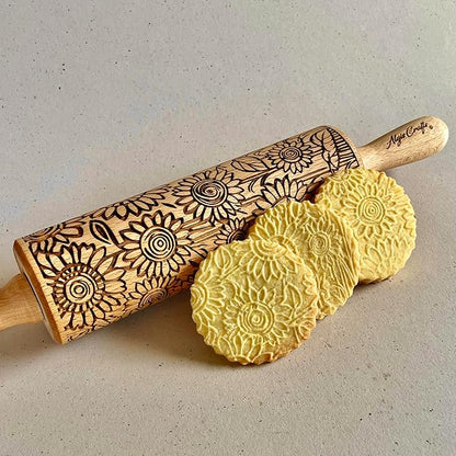 SUNFLOWER FIELD Embossed Rolling Pin for Ceramic. Clay Roller and Ceramic Stamp for Embossing Pottery. Baking Gifts for Women by Algis Crafts for Embossed Cookies