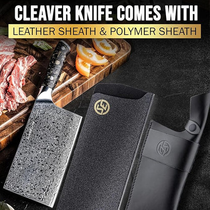 SliceElite Elite Series 7 Inch Meat Cleaver Knife Damascus VG10 Core Forged Carbon Fiber Handle Heavy Duty Chopper Sharp Kitchen Butcher Bone Cutter Vegetable Fruit Chef Tool Dual Protection Gift