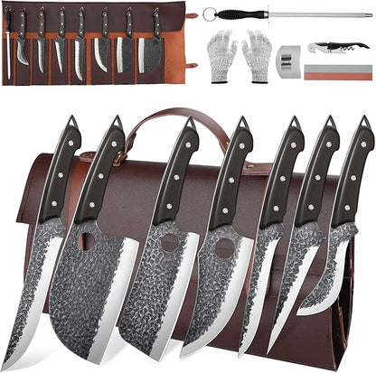 ROCOCO 13PCS Butcher Cleaver Knife Set for Meat Cutting Serbian Chef Viking Boning Knife with Roll Bag for Kitchen Outdoor BBQ Camping Birthday Christmas Father Mother Gift Idea Men
