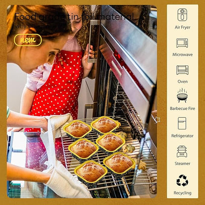 50 Pack Mini Cake Pans with Lids and Spoons Aluminum Foil Pans Square Cake Tins for Bakery Party Wedding (Black Gold Spot,5 oz)