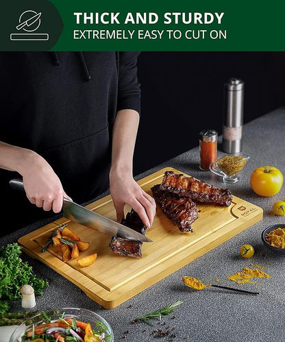 ROYAL CRAFT WOOD Wooden Cutting Boards for Kitchen Meal Prep & Serving - Bamboo Wood Serving Board with Deep Juice Groove Side Handles - Charcuterie & Chopping Butcher Block for Meat