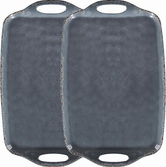 Extra Large Serving Tray with Handles, 19 x12 inch, Set of 2 Melamine Platters for Serving Food, Turkey, Cookie, Farmhouse Rectangular Trays for Eating, Dishwasher Safe, Gray