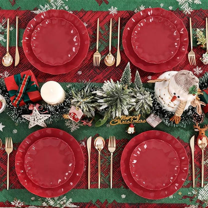 LIYH 50 Pcs Red Plastic Plates Reusable Christmas Plastic Plates Unbreakable Holiday Dinnerware Set Scalloped Plate for Christmas Day,Dishwasher Safe BPA Free (25Guests)